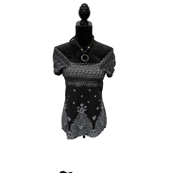 Womens Y2K Black Paisley Pattern Off Shoulder Top - Picture 2 of 10